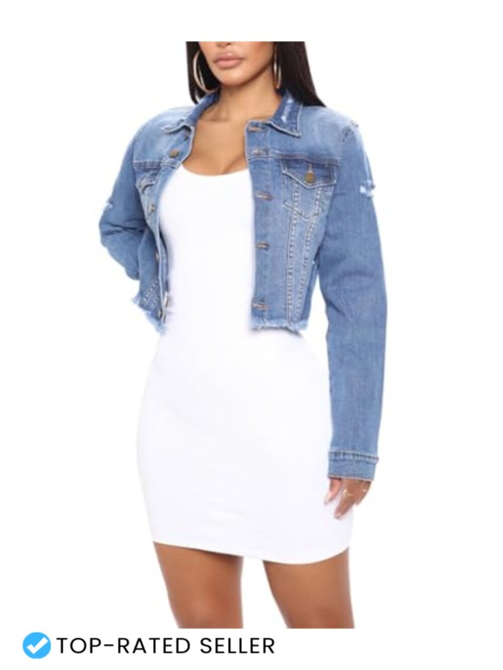 Women's Cropped Distressed Denim Jacket Frayed Hem Button Down Long Sleeve